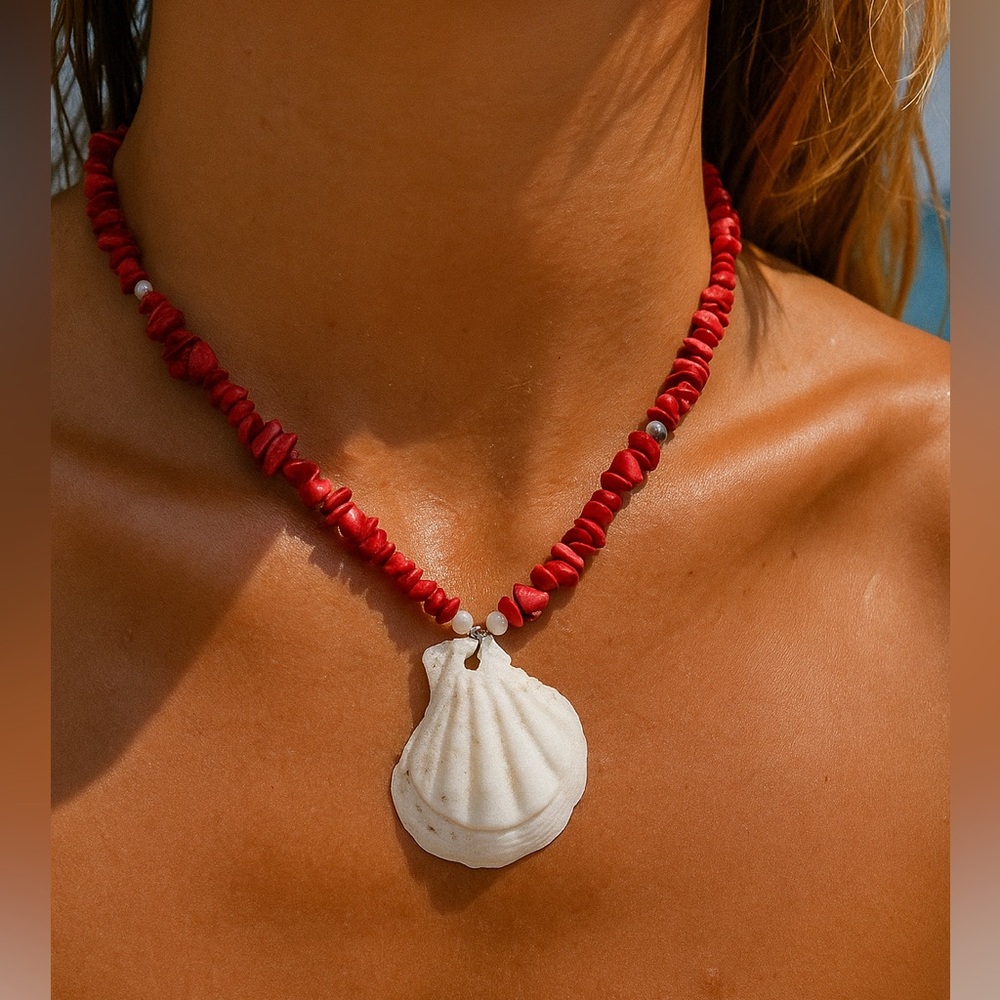 Handmade red coral beads, freshwater pearls and scallop necklace